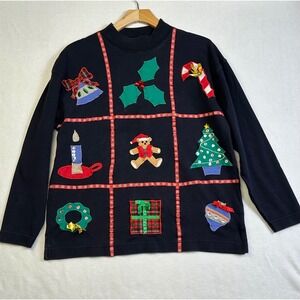 Vintage Laura Gayle Petite Christmas Sweatshirt Navy Blue Cotton Applique XL
